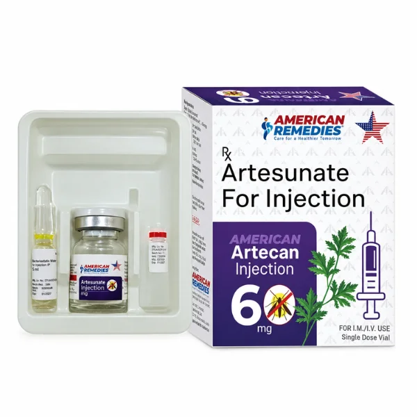 A professional studio shot of an Artecan 60 mg injection vial used for treating severe malaria cases.