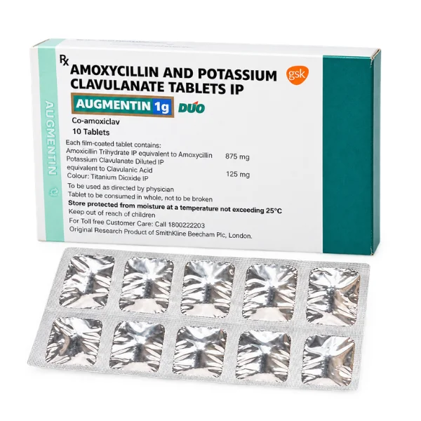 Box of Augmentin 1g tablets containing amoxicillin and clavulanate potassium for bacterial infections