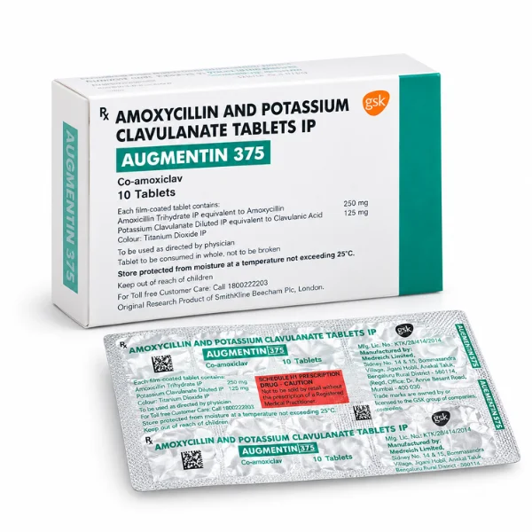 Packaging box of Augmentin 375 mg tablets containing amoxicillin and clavulanic acid