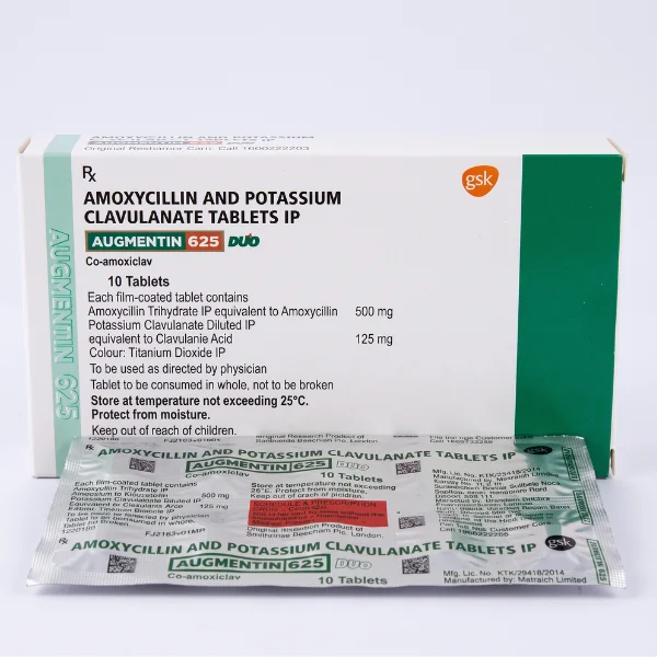 Pack of Augmentin 625 mg tablets showing blister packaging and dosage details clearly