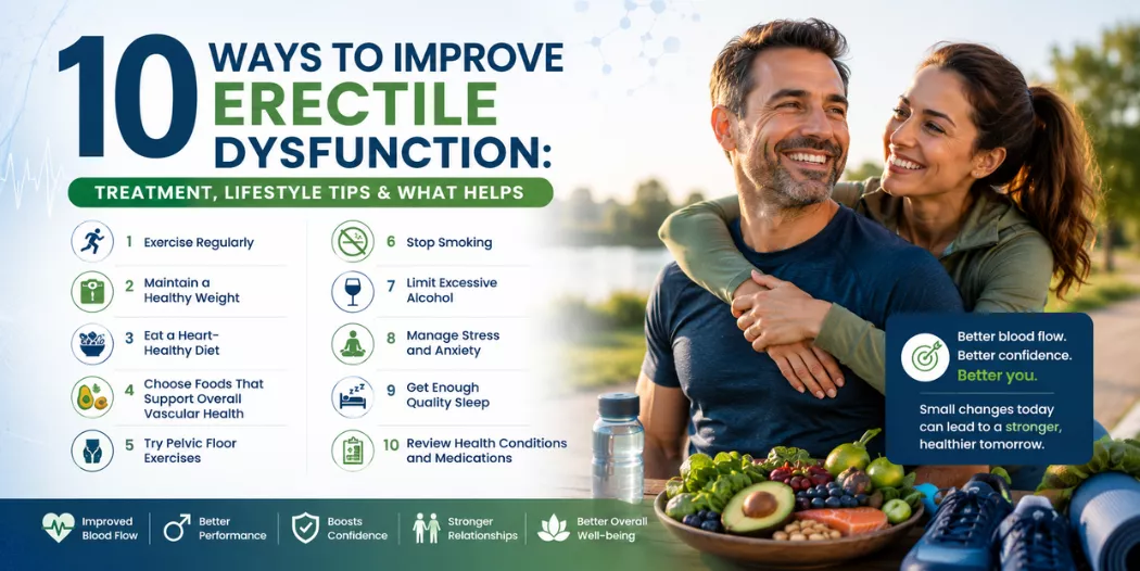 Illustration showing lifestyle changes and treatment approaches that may help improve erectile dysfunction