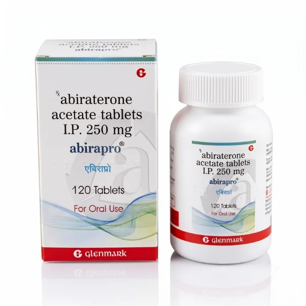 Front view of Abirapro 250 mg tablet packaging bottle showing product name and strength clearly.