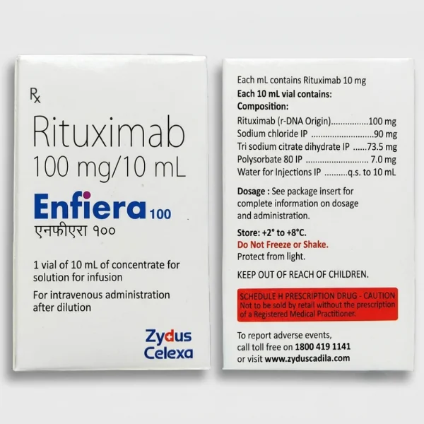 Clear front view of Enfiera 100 mg injection single-dose vial and outer medicine packaging carton.