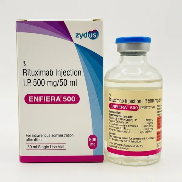 Front view of Enfiera 500 mg injection single-dose vial and medical packaging carton.