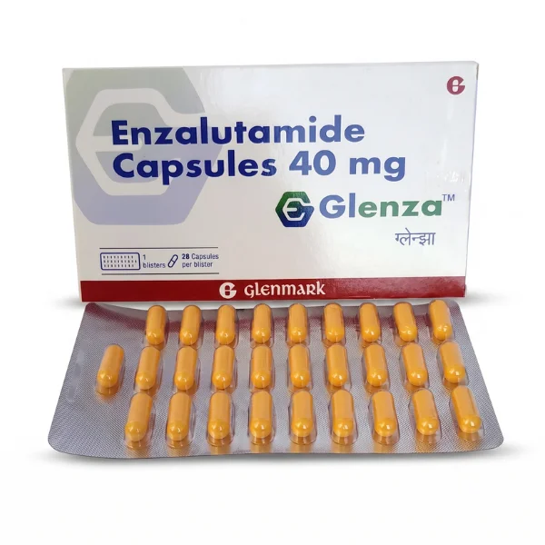 Pack of Glenza 40 mg capsules showing product strength and packaging details clearly.