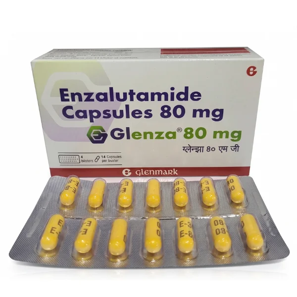 Pack of Glenza 80 mg capsules showing product strength and official manufacturer packaging clearly.
