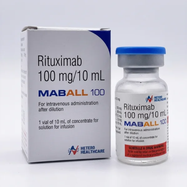 Clear front view of Maball 100 mg injection single-dose vial and outer packaging carton.