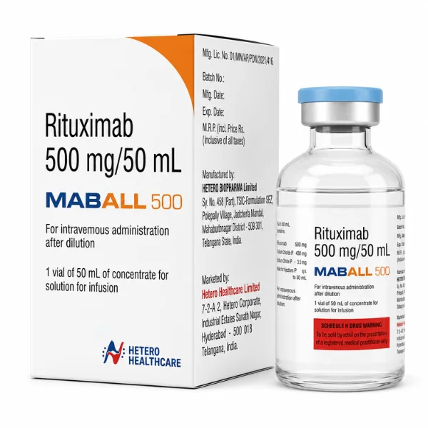 Front view of Maball 500 mg injection single-dose vial and outer product carton.
