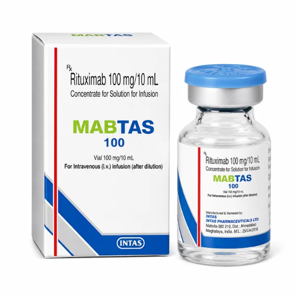 Medical packaging and single-dose vial of Mabtas 100 mg infusion for intravenous therapy.