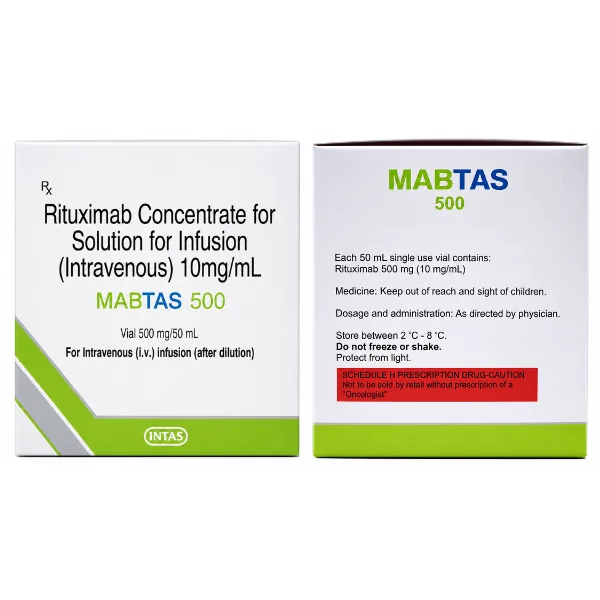 Clear packaging box and single-dose vial of Mabtas 500 mg injection for targeted therapy.