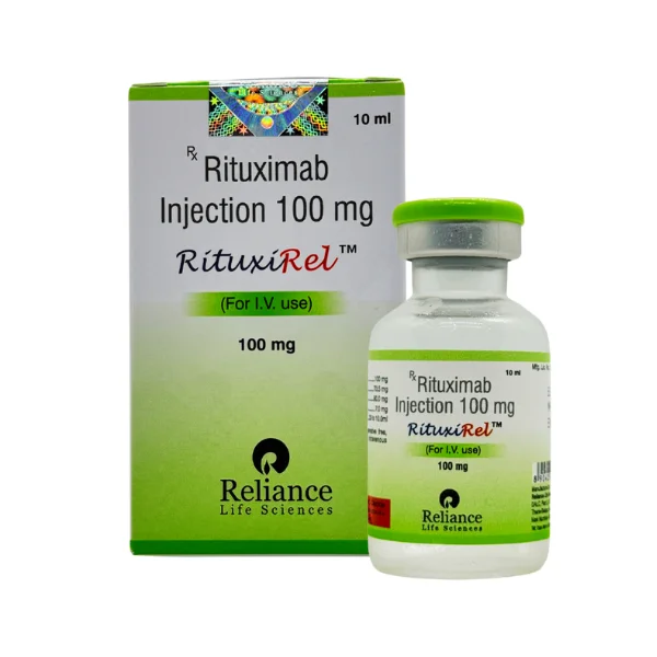 Packaging box and vial of Rituxirel 100 mg injection showing product details clearly.