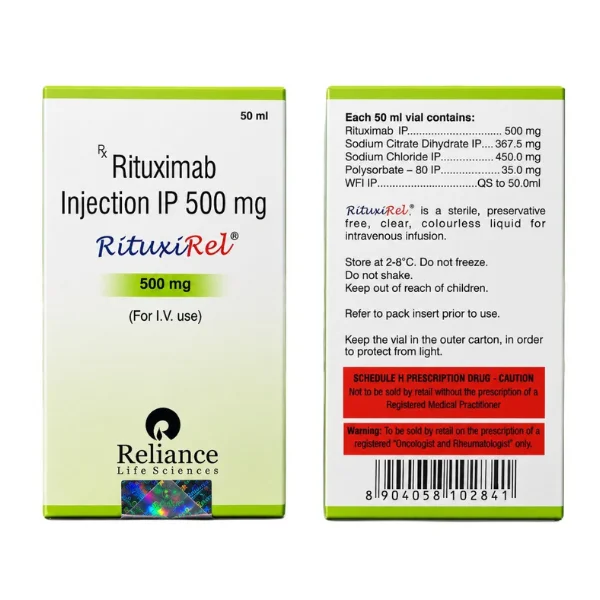 Clear view of Rituxirel 500 mg injection single-dose vial and outer packaging box.